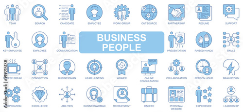 Businesspeople icons set in duotone outline stroke design for web. Pack pictograms of team, search, candidate, employee, work group, ability, partnership, resume, support, other. Vector illustration.