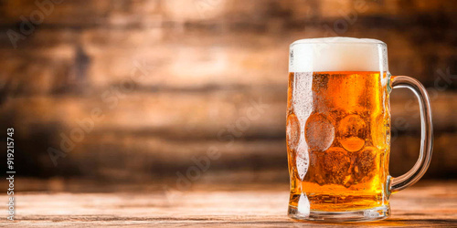 Classic mug of frothy beer set against a rustic wooden background, capturing the essence of traditional drinking culture ideal for Oktoberfest promotions