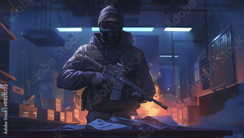 Masked Bank Robber Standing Near Table with Machine Gun in His Hands Cartoon Background Illustration Heist Scene Bank Robbery Suspenseful Atmosphere Dangerous Encounter Game Level