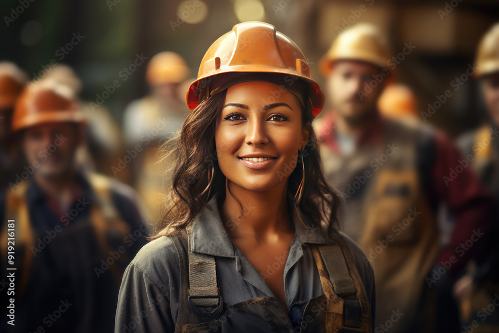 Confident female engineer leads a diverse team in a factory, all wearing hardhats and working together with pride and dedication. Labor day