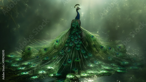 Stunning photograph capturing a peacock displaying its vibrant colored feathers in the middle of a lush forest, showcasing the bird natural beauty and the surrounding greenery