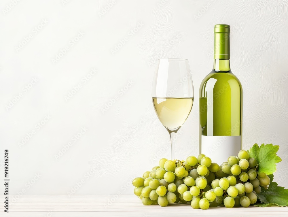 Empty sign alongside green grapes and a bottle of white wine on a light background Empty sign alongside green grapes and a bottle of white wine on a light background