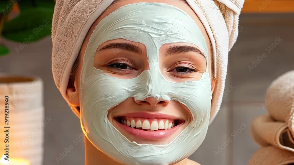 Woman with green face mask and towel on head smiling while enjoying skin care Woman with green face mask and towel on head smiling while enjoying skin care
