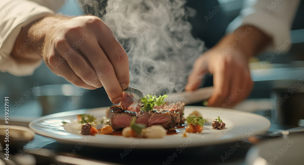 Chef Plating Food in a Kitchen Chef Plating Food in a Kitchen