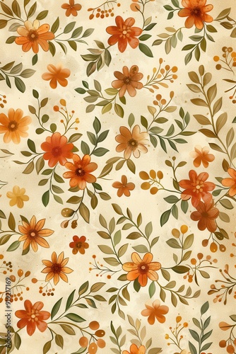 Summer floral pattern featuring vibrant orange flowers and green leaves on a light background