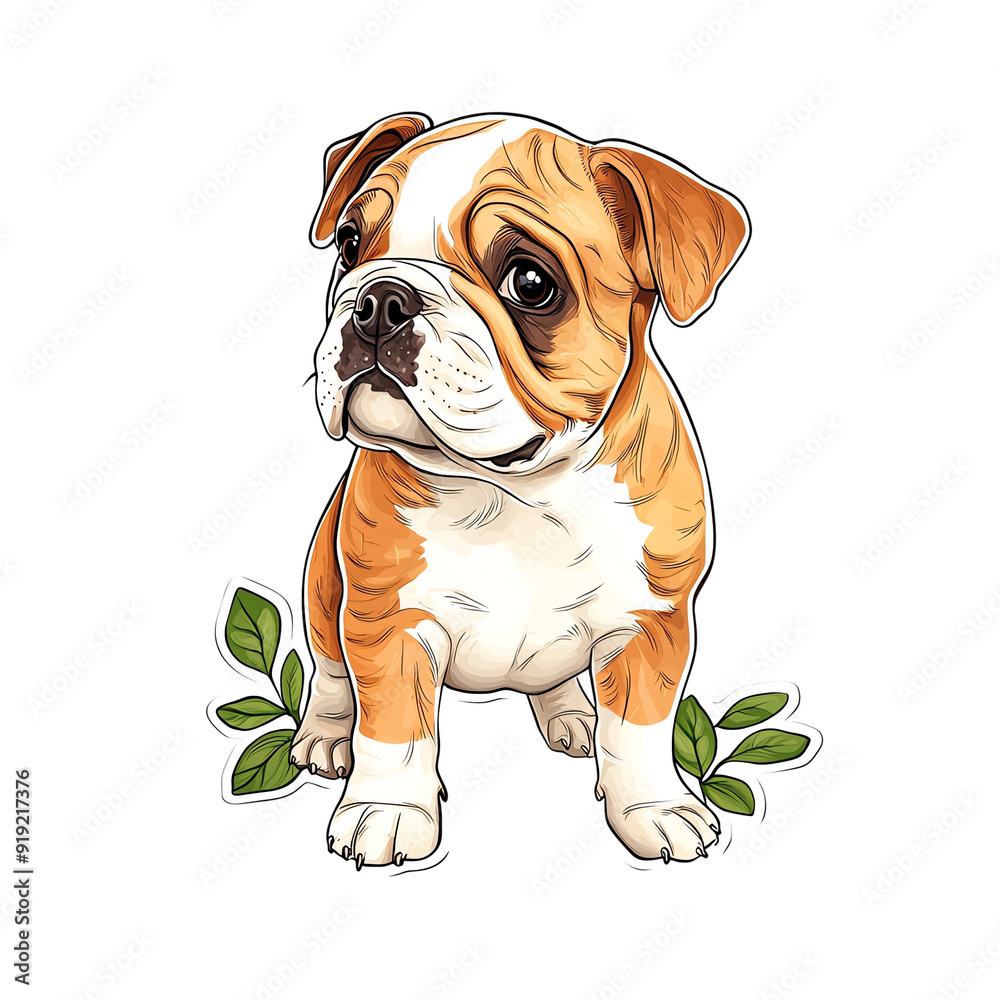 Cute and playful bulldog puppy sitting amidst green leaves, perfect for pet lovers and animal illustration enthusiasts. Cute and playful bulldog puppy sitting amidst green leaves, perfect for pet lovers and animal illustration enthusiasts.