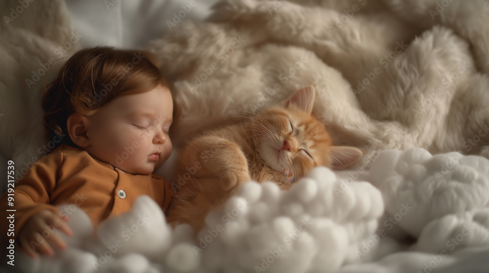 Dreamy and serene image of a cat and a baby sleeping peacefully together on a soft cloud like bed creating a tranquil and ethereal atmosphere Dreamy and serene image of a cat and a baby sleeping peacefully together on a soft cloud like bed creating a tranquil and ethereal atmosphere
