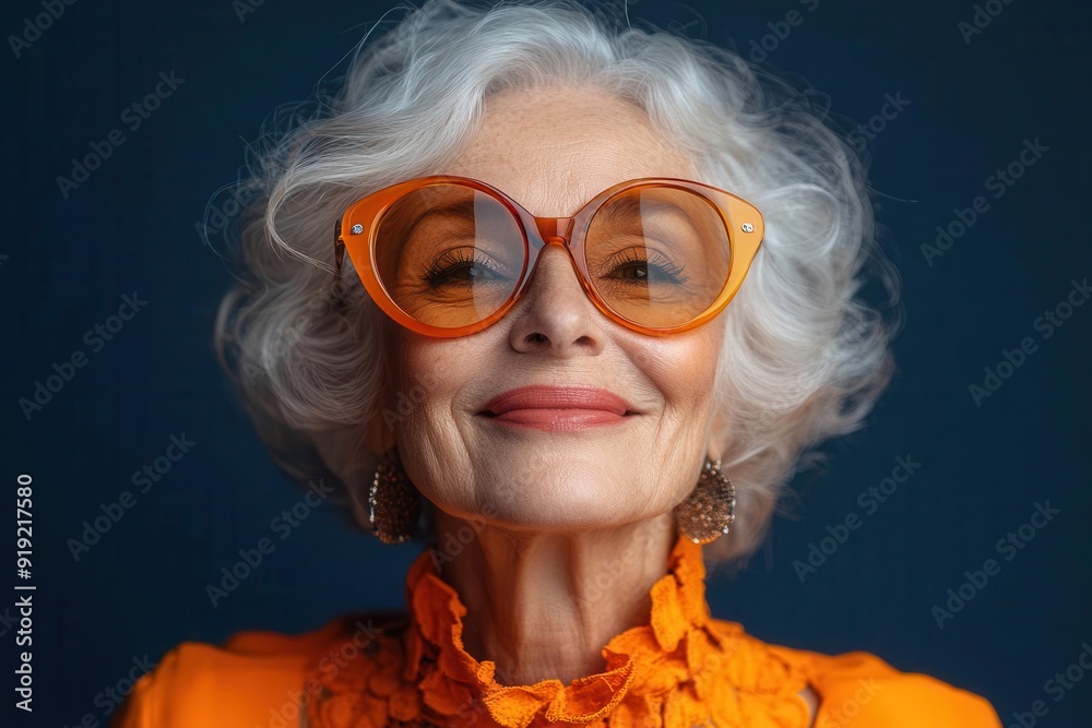exuberant senior woman in vivid orange attire and oversized sunglasses radiating joy and confidence studio lighting accentuates her vibrant personality against a clean background exuberant senior woman in vivid orange attire and oversized sunglasses radiating joy and confidence studio lighting accentuates her vibrant personality against a clean background