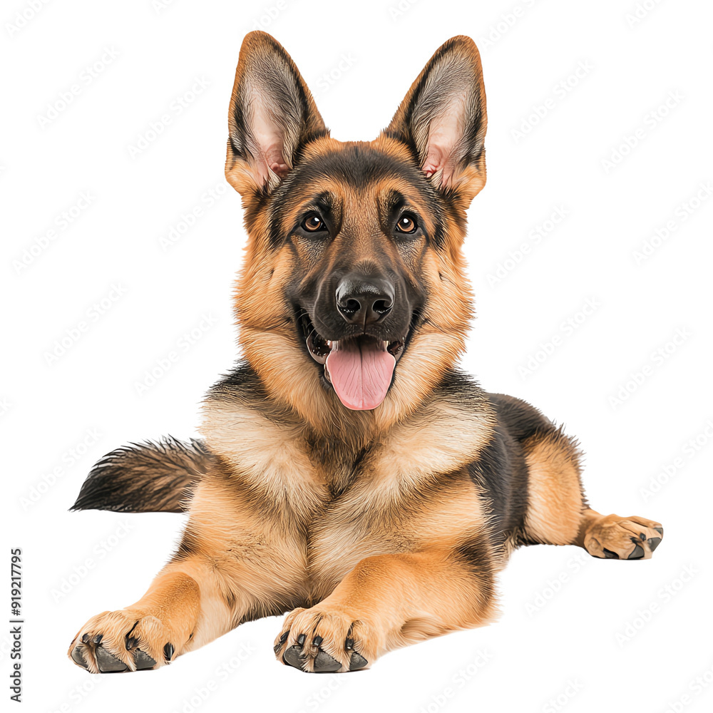 A friendly German Shepherd dog laying down, showcasing its beautiful fur and playful expression in a cozy setting. A friendly German Shepherd dog laying down, showcasing its beautiful fur and playful expression in a cozy setting.