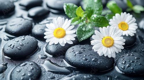 daisy with pebble stones and green leaves, spa and wellness concept