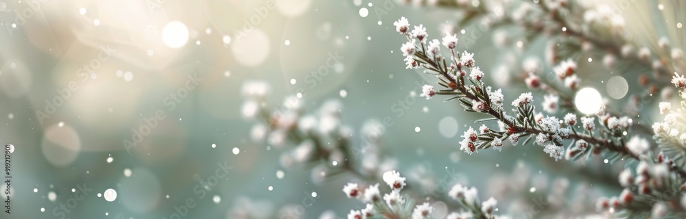 Winter Wonderland With Snow-Covered Branches And Delicate Flowers In Soft Light