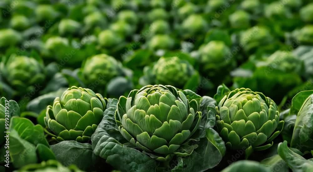 Close-up view of a field of fresh green artichokes growing in a garden. Close-up view of a field of fresh green artichokes growing in a garden.