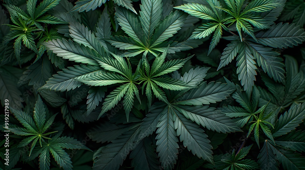Marijuana leaves on a background, close up top view on cannabis leaves and branches on background for alternative medical and marketing design concept