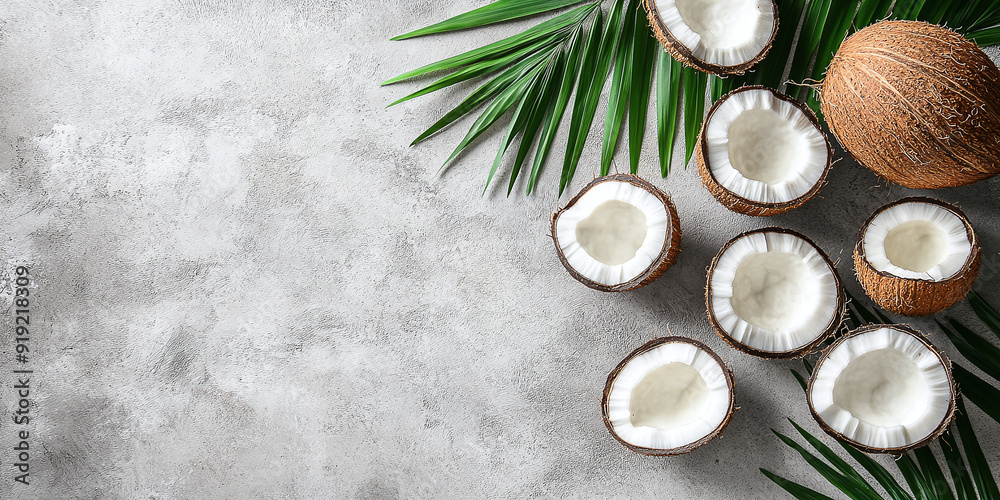 Coconut products arranged on a concrete background present a clean and natural copy space image, perfect for health and wellness themes Coconut products arranged on a concrete background present a clean and natural copy space image, perfect for health and wellness themes