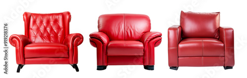 A collection of three stylish red leather chairs showcasing different designs and textures for modern interior decor.