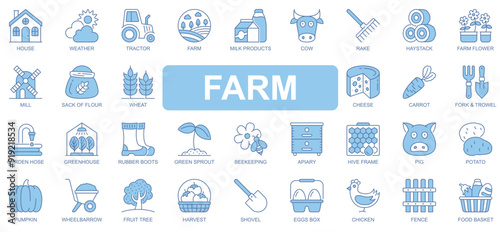 Farm icons set in duotone outline stroke design for web. Pack pictograms of house, weather, tractor, milk product, cow, rake, haystack, flower, mill, wheat, cheese, carrot, other. Vector illustration.