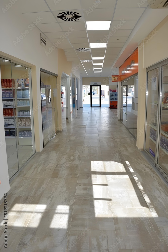 Empty Hallway in Modern Building with Tile Floor and Glass Doors Empty Hallway in Modern Building with Tile Floor and Glass Doors