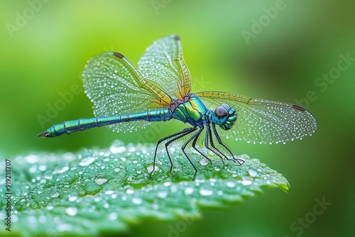 iridescent dragonfly perched on a dewdropcovered leaf wings outspread macro shot reveals intricate details against a softfocus lush green background photo