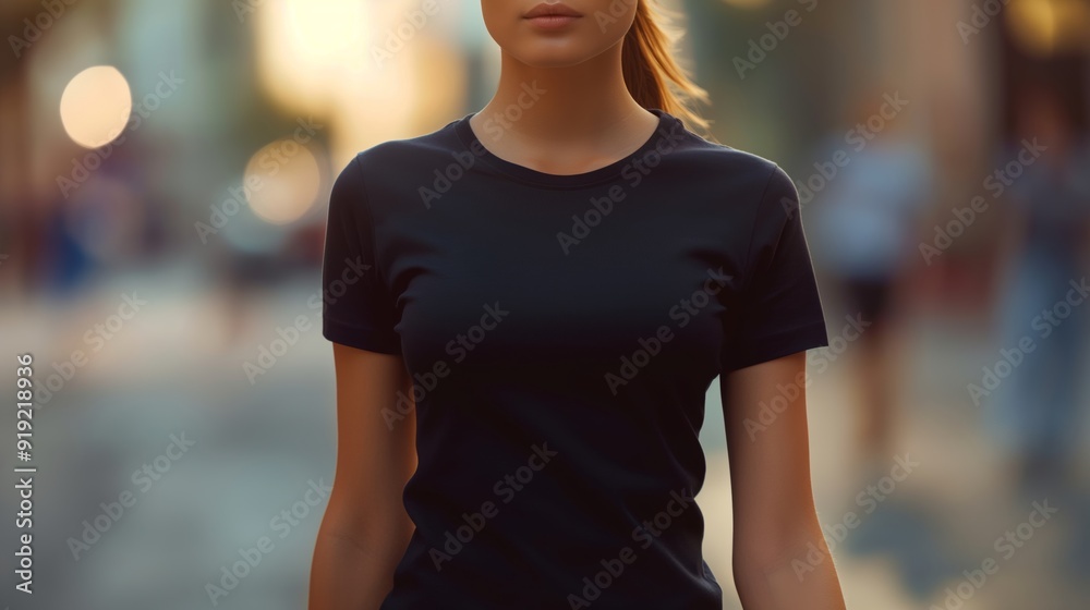 Woman in Black T-Shirt Walking on City Street at Sunset for Apparel Mockup Woman in Black T-Shirt Walking on City Street at Sunset for Apparel Mockup