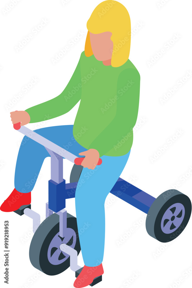 Young girl is enjoying her time outdoors, riding a blue and white tricycle Young girl is enjoying her time outdoors, riding a blue and white tricycle
