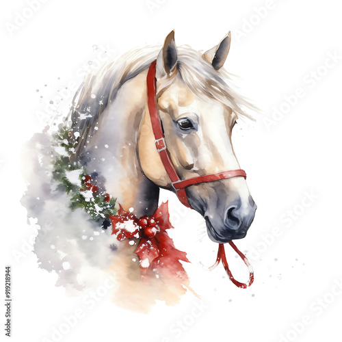 Watercolor horse wearing a red Santa Clause hat, isolated on a transparent background, transparent PNG, holiday season, cute horse, adorable horse, watercolor clipart, Christmas horse photo