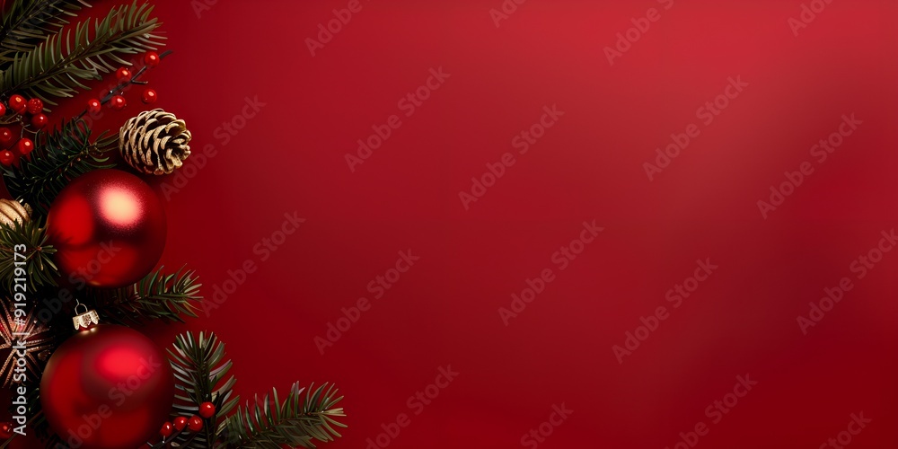 Christmas and new year decorative area made of fir branches, festive winter decor and holiday gifts with red copy space background on right. Winter decoration on celebration with Christmas tree branch Christmas and new year decorative area made of fir branches, festive winter decor and holiday gifts with red copy space background on right. Winter decoration on celebration with Christmas tree branch