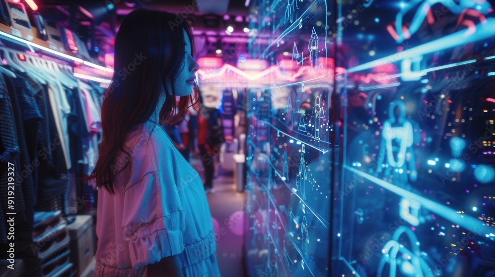 Obraz premium Female shopping in virtual reality world. Futuristic shopping concept.