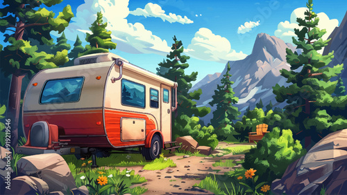 Motorhome Trailer in the Middle of the Woods Cartoon Background Illustration Camping Trailer Forest Setting Rustic Woods Nature Scene Outdoor Adventure Game Level Design Graphics