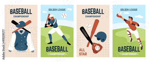 Baseball cards. Professional athletes fall and hit balls with bats. Sports uniforms and equipment. Invitations to championship. Serving softballs. Baseballers game. Garish vector set
