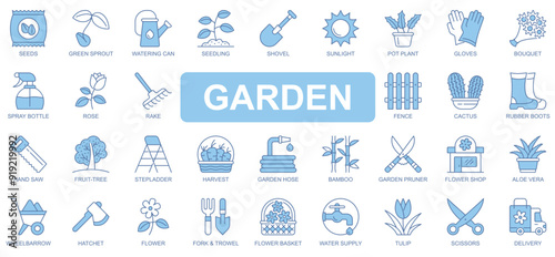 Garden icons set in duotone outline stroke design for web. Pack pictograms of seeds, green sprout, watering can, seedling, shovel, pot plant, gloves, bouquet, rose, rake, other. Vector illustration.