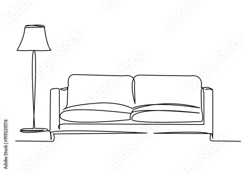 continuous single drawn single line sofa with floor lamp lampshade hand-drawn picture silhouette. Line art. doodle