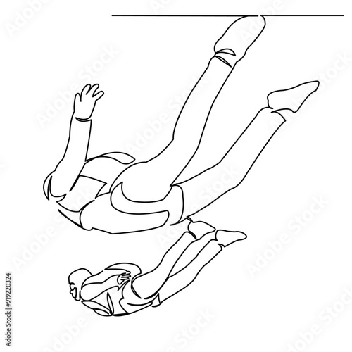 continuous single drawn line parachutists jump out of the plane, the athlete, extreme hand-drawn picture silhouette. Line art. Doodle