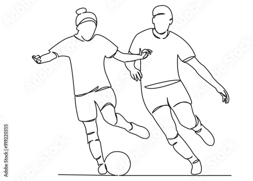 one open single drawn line art doodle play, female, girl, game, competition, ball, football. Isolated hand-drawn outline image on white background. girl playing football