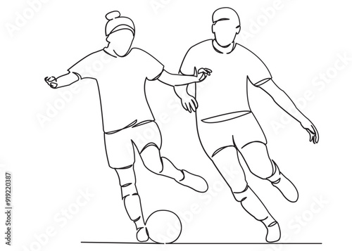 one open single drawn line art doodle play, female, girl, game, competition, ball, football. Isolated hand-drawn outline image on white background. girl playing football