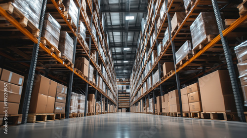 Big corridor in a storehouse full of cardboard boxes