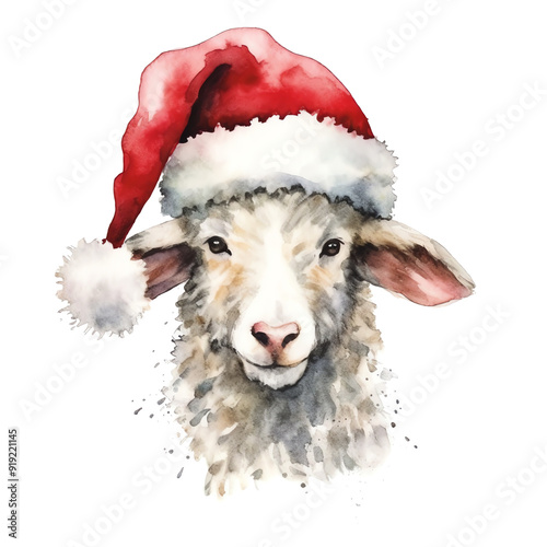 Watercolor sheep wearing a red Santa Clause hat, isolated on a transparent background, transparent PNG, holiday season, cute sheep, adorable sheep, watercolor clipart, Christmas sheep photo