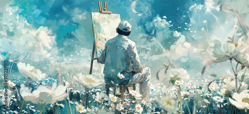 Painter Sits in Front of an Easel in a Field of White Flowers Watercolour Illustration Artist in Nature Floral Landscape Creative Scene Artistic Process Outdoor Studio White
