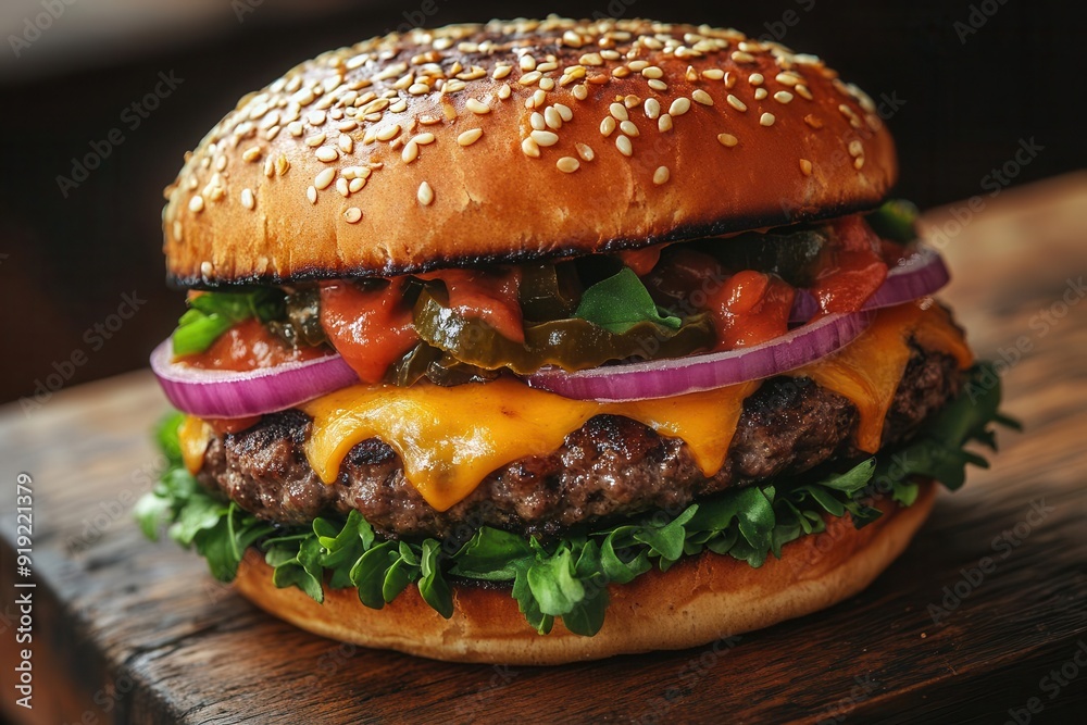 gourmet burger with layers of fresh ingredients melted cheese oozing down sides sesame bun slightly toasted on rustic wooden surface gourmet burger with layers of fresh ingredients melted cheese oozing down sides sesame bun slightly toasted on rustic wooden surface