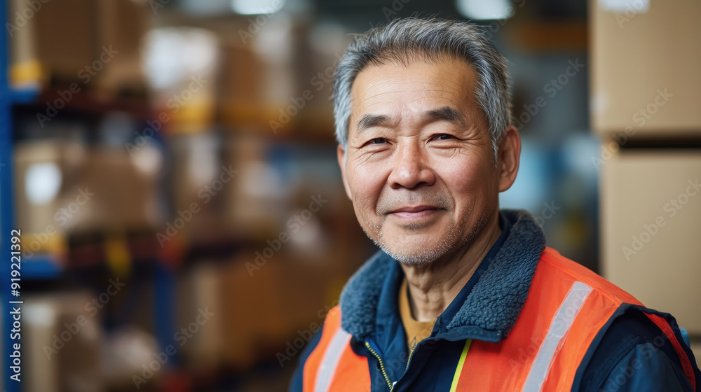 A Chinese man wearing an orange safety vest is smiling for the camera A Chinese man wearing an orange safety vest is smiling for the camera