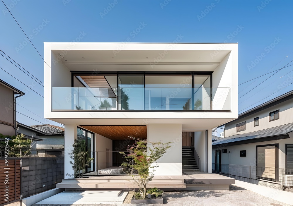 Fototapeta premium Modern Minimalist White House with Glass Balcony