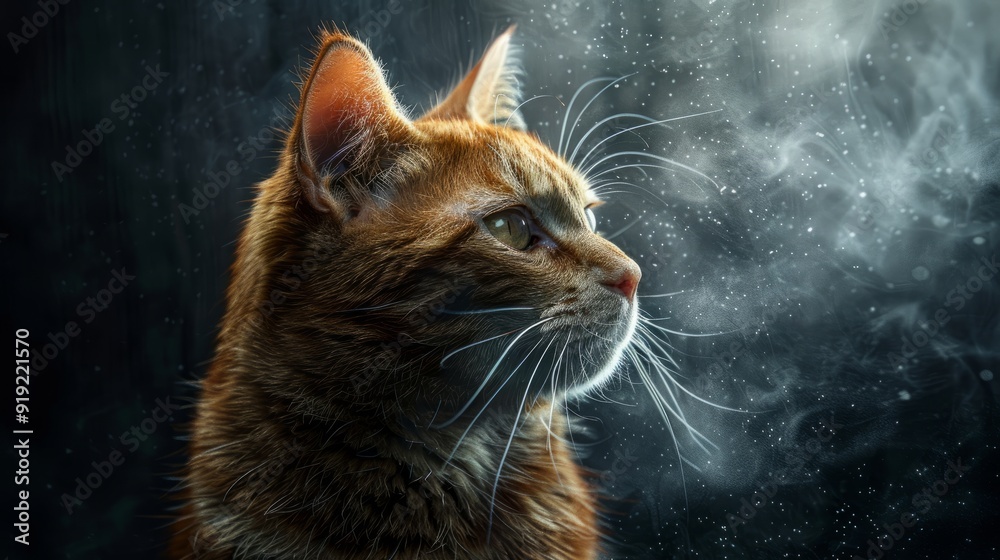A tabby cat gazes thoughtfully in a misty atmosphere during twilight