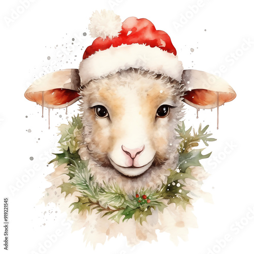 Watercolor sheep wearing a red Santa Clause hat, isolated on a transparent background, transparent PNG, holiday season, cute sheep, adorable sheep, watercolor clipart, Christmas sheep photo