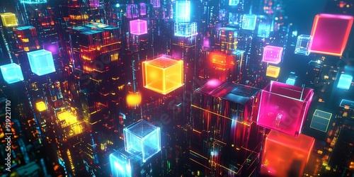 Cityscape with Neon Cubes