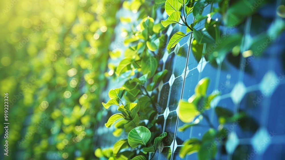 Obraz premium 3D solar panels covered with green plants, set against a vibrant background