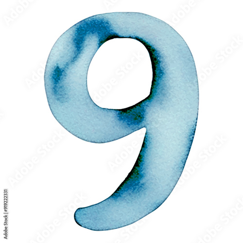 Hand drawn watercolor number 9. Blue painting of the number nine isolated on a white background.