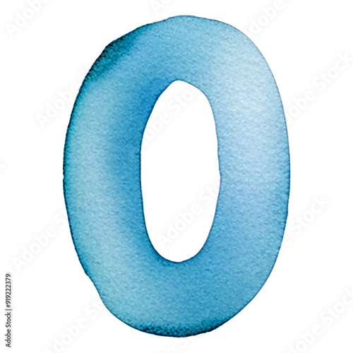 Hand drawn watercolor number 0. Blue painting of the number zero isolated on a white background.