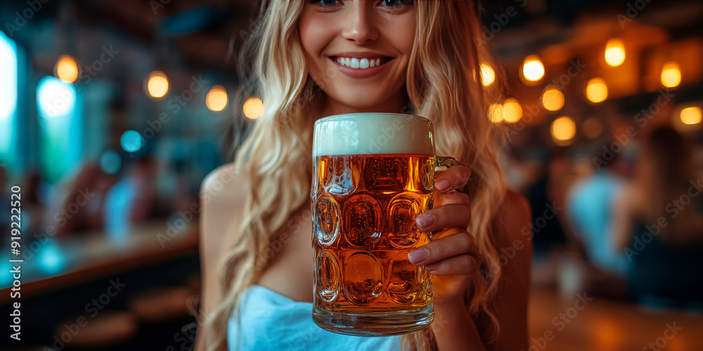 A cheerful young woman holds a large beer mug in a lively pub setting, her smile reflecting the warm, welcoming atmosphere. Perfect for highlighting the social and joyful aspects of Oktoberfest A cheerful young woman holds a large beer mug in a lively pub setting, her smile reflecting the warm, welcoming atmosphere. Perfect for highlighting the social and joyful aspects of Oktoberfest