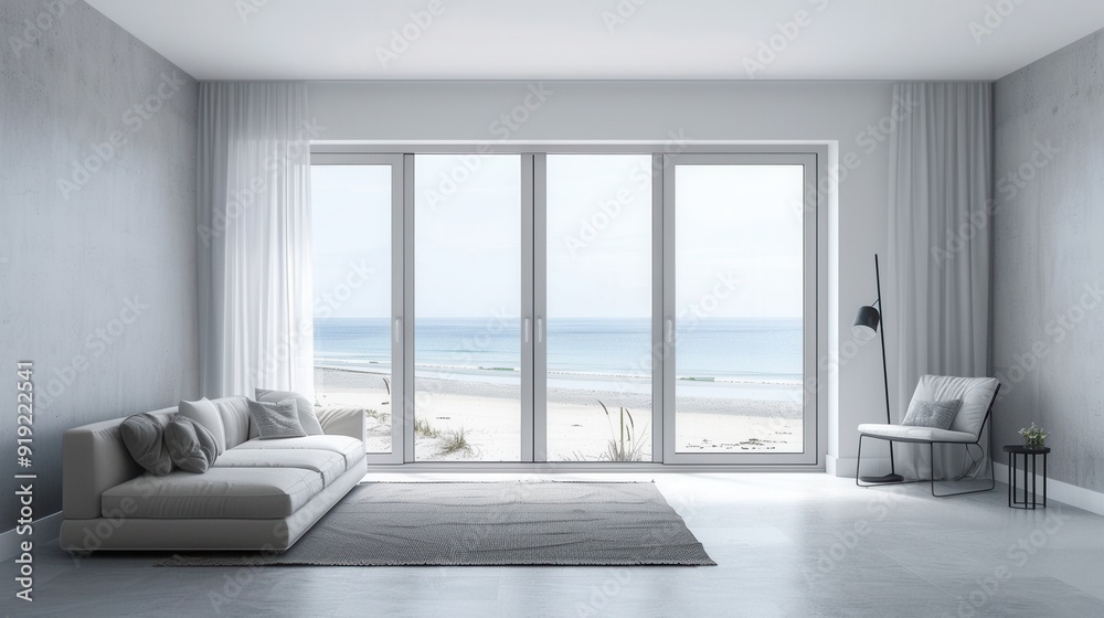 Fototapeta premium Interior view of vacation house with seascape scenic view