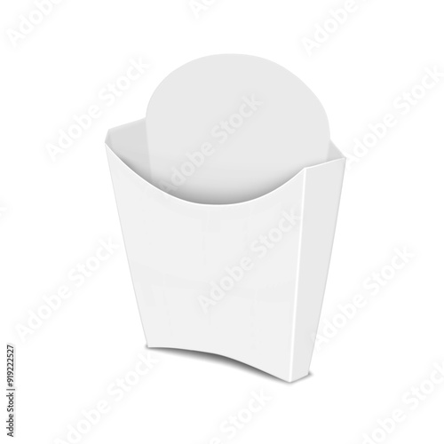 White paper french fry box. 3d mockup. French fries holder cardboard container. Realistic vector mock-up. Fast street food paperboard bucket packaging. Template for design