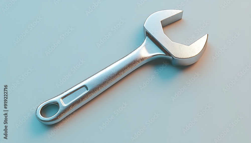 A silver wrench on a blue background. A silver wrench on a blue background.